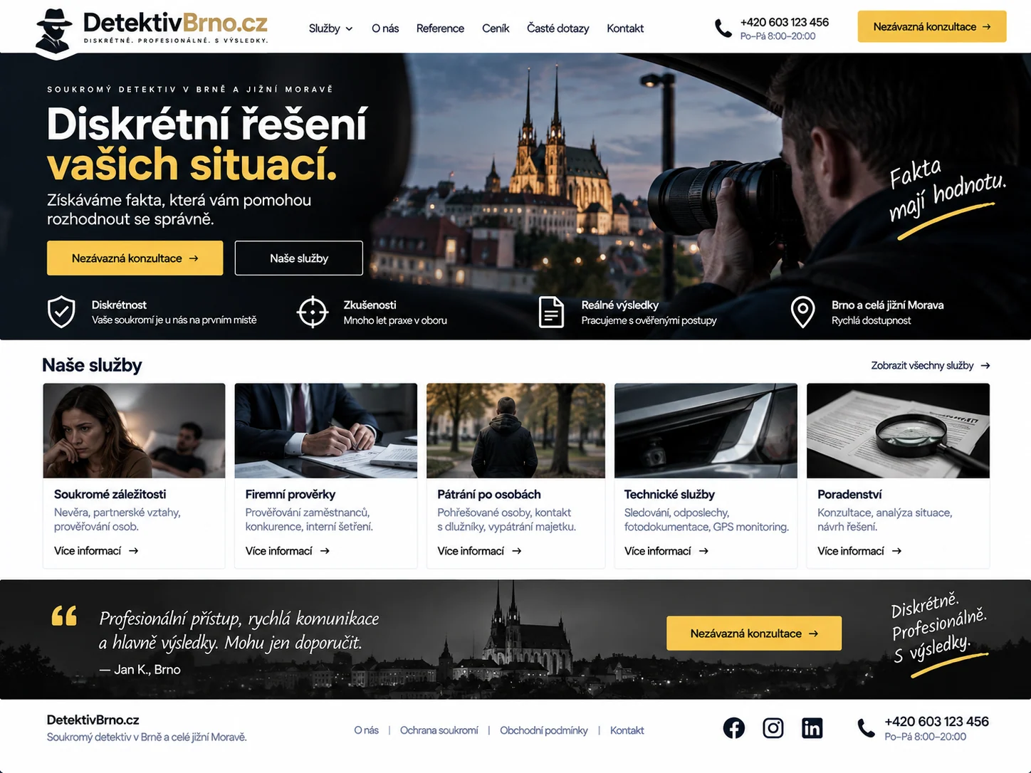 Ilustrační návrh webu DetektivBrno.cz s detektivem fotografujícím centrum Brna a přehledem služeb